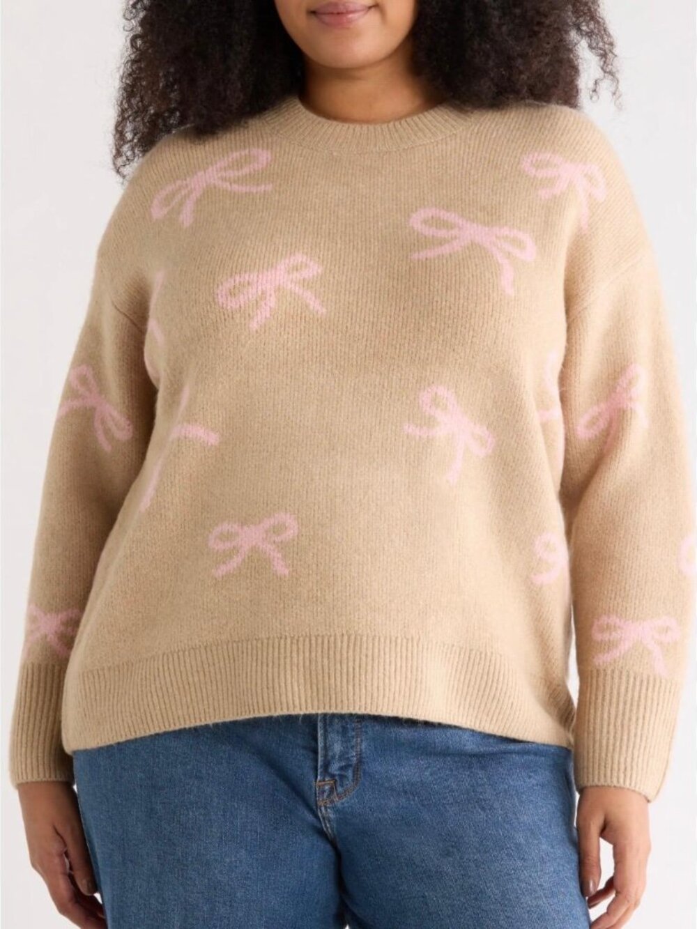NWT CeCe Ribbon Jacquard Crew Neck Bow Sweater Coastal Beige/Pink Size 1X
